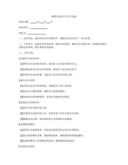 部署年度安全工作计划表
