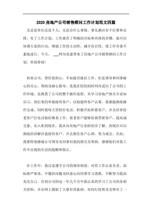 2020房地产公司销售顾问工作计划范文四篇
