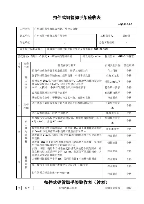 扣件式钢管手架验收表(整理)
