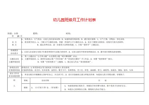 幼儿园小班十月份月工作计划表