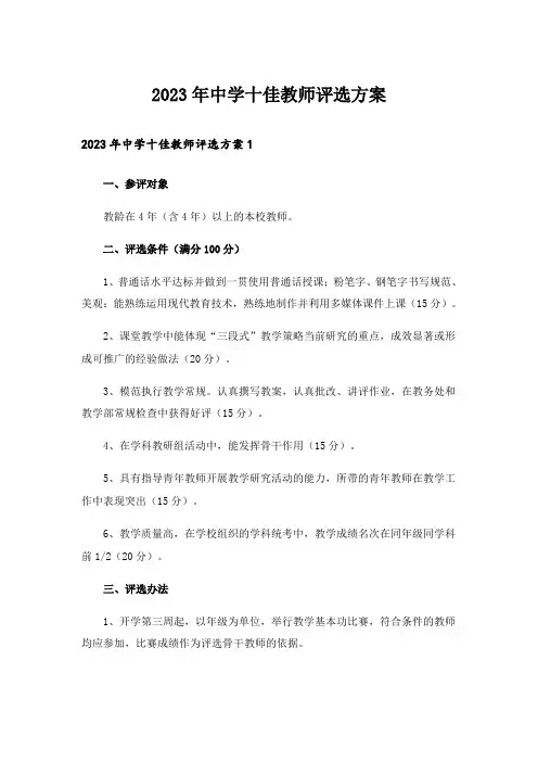 2023年中学十佳教师评选方案