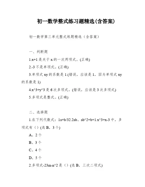 初一数学整式练习题精选(含答案)