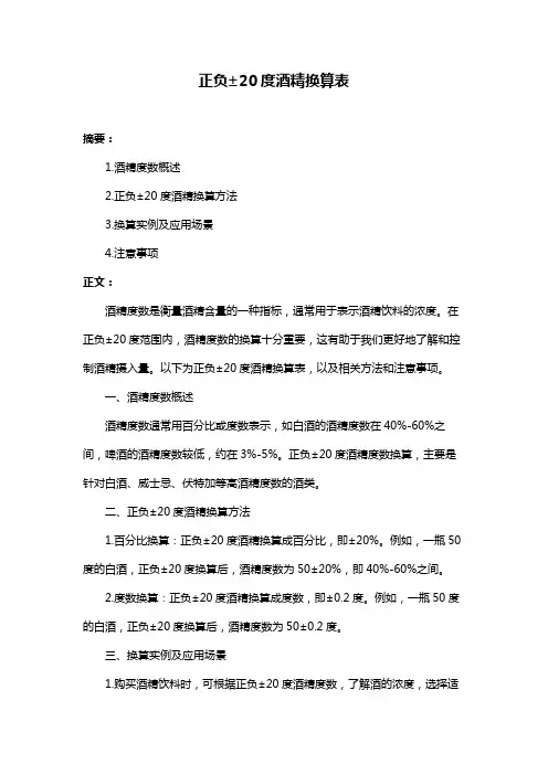 正负±20度酒精换算表
