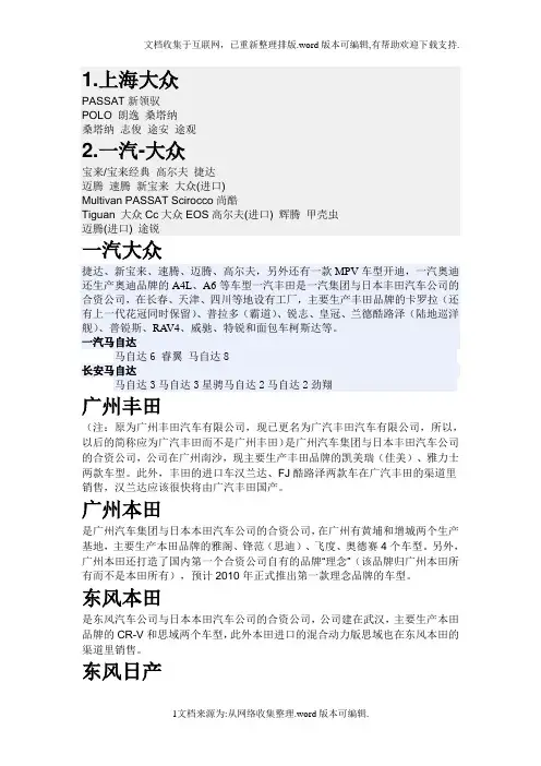 各汽车品牌旗下汽车大全