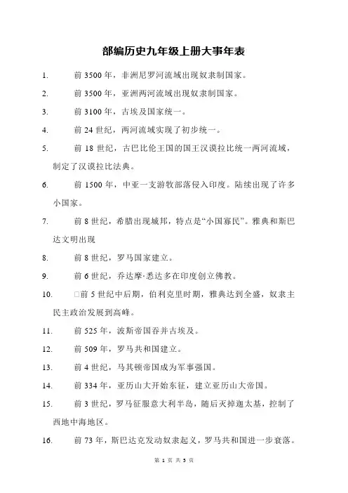 部编历史九年级上册大事年表