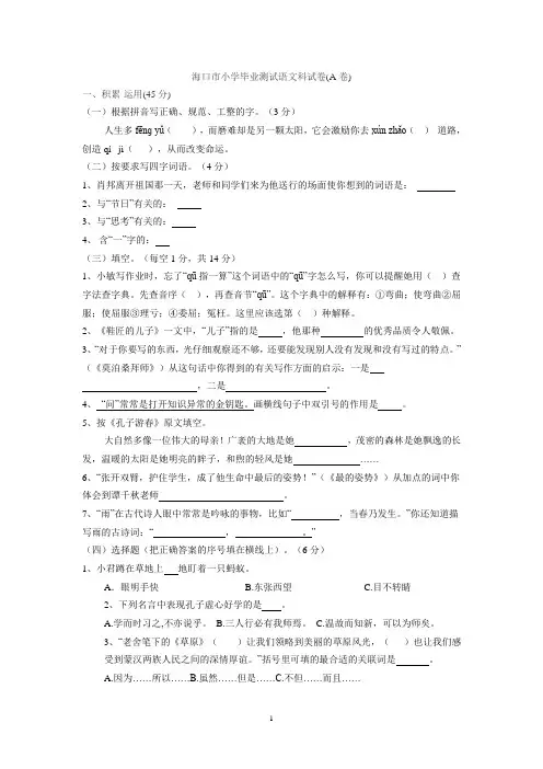 六年级下册语文试题 海南省海口市小学毕业测试卷(A卷)｜北师大版