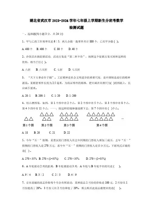 湖北省武汉市2023-2024学年七年级上学期新生分班考数学检测试题(含答案)