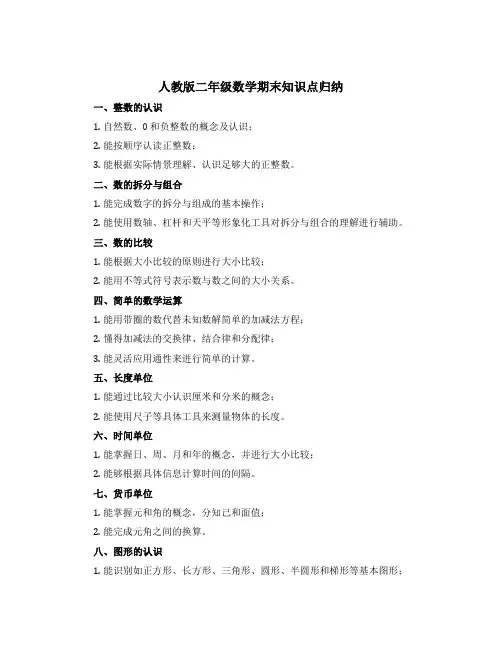 人教版二年级数学期末知识点归纳