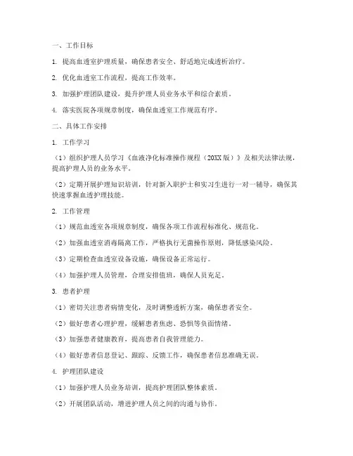 血透护士长每月工作计划