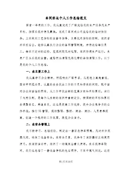 车间班长个人工作总结范文(8篇)