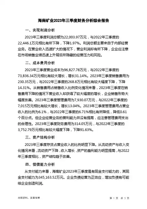 601969海南矿业2023年三季度财务分析结论报告