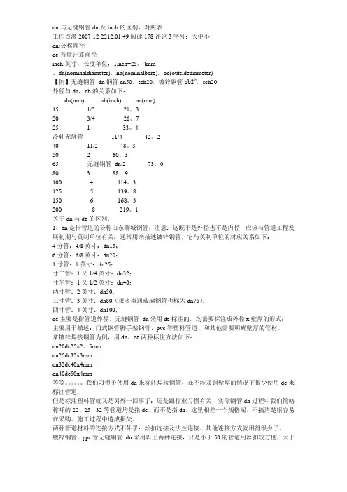 DN与无缝钢管DN及inch的区别,对照表