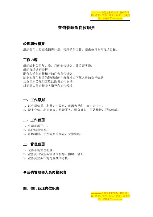 营销管理部岗位职责