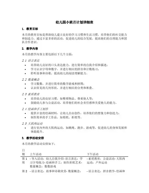 幼儿园小班月计划详细表