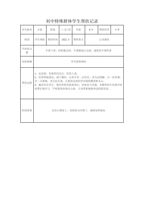 初中特殊群体学生帮扶记录