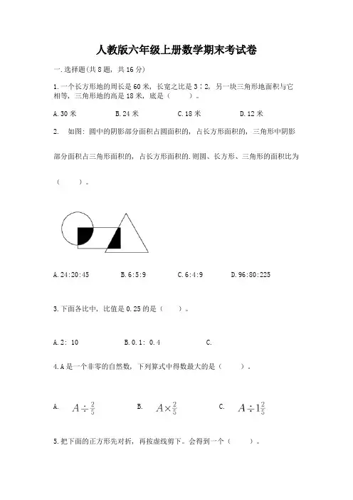人教版六年级上册数学期末考试卷及完整答案1套