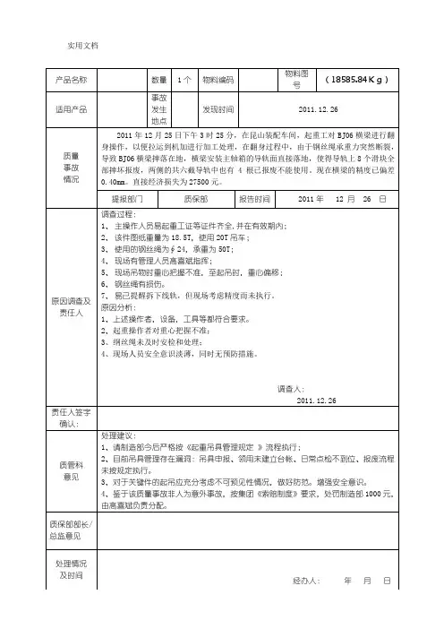 质量事故报告记录表
