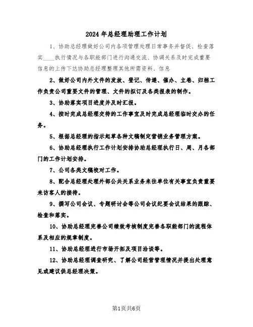 2024年总经理助理工作计划（三篇）