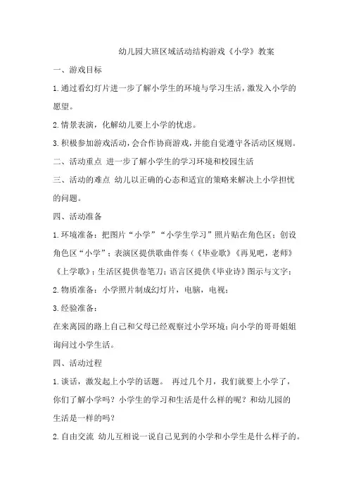 幼儿园大班区域活动结构游戏《小学》教案