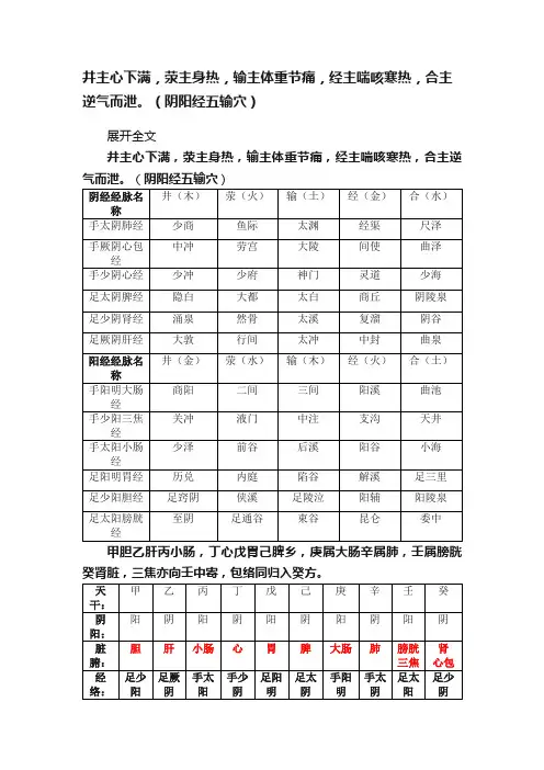井主心下满，荥主身热，输主体重节痛，经主喘咳寒热，合主逆气而泄。（阴阳经五输穴）