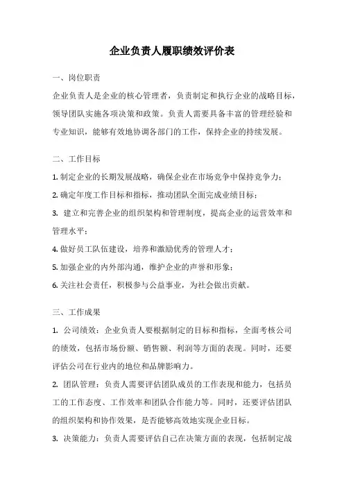 企业负责人履职绩效评价表