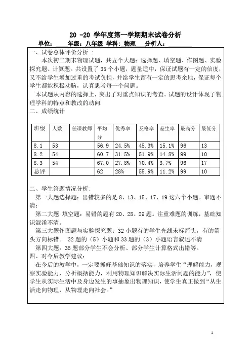 八年级上册物理试卷分析