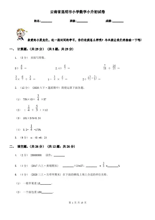 云南省昆明市小学数学小升初试卷