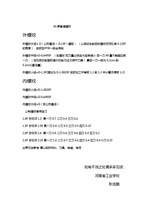 公制普通螺纹计算表(生产实用)