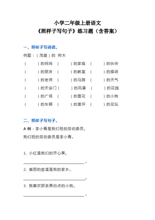 小学二年级上册语文照样子写句子练习题含答案