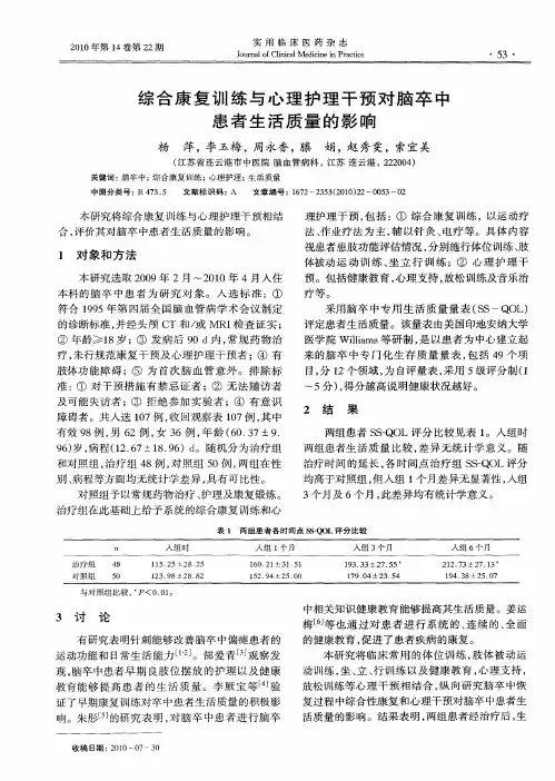 综合康复训练与心理护理干预对脑卒中患者生活质量的影响