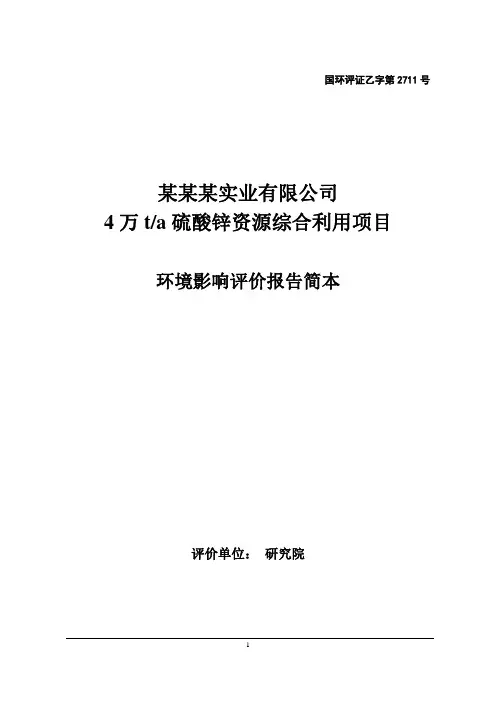 湖南某实业有限公司4万t硫酸锌资源综合利用项目环评报告,2013