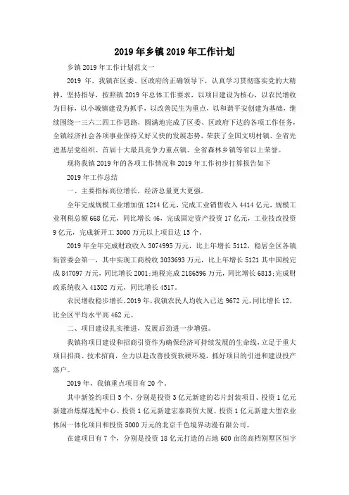 最新-2019年乡镇2019年工作计划 精品