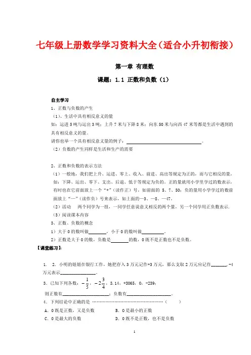 七年级数学上册复习资料大全(适合小升初衔接)
