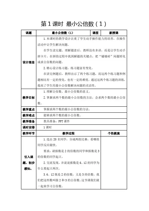 人教版五年级下册《最小公倍数(1)》教学设计及反思