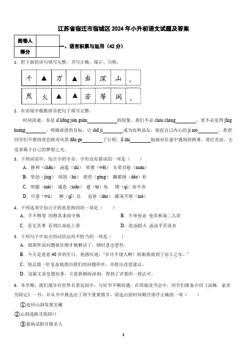 江苏省宿迁市宿城区2024年小升初语文试题及答案
