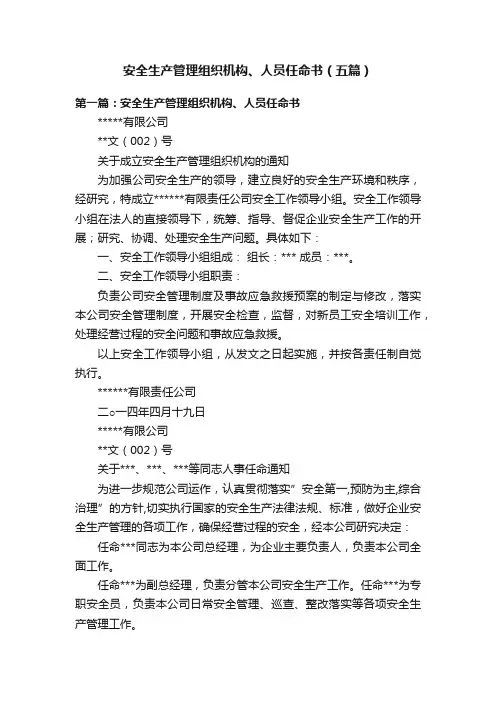 安全生产管理组织机构、人员任命书（五篇）
