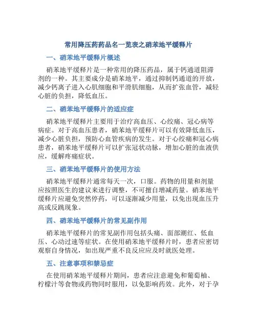 常用降压药药品名一览表硝苯地平缓释片