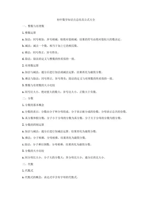 初中数学知识点总结及公式大全