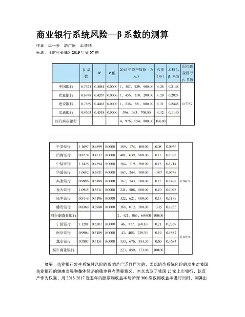 商业银行系统风险—β系数的测算