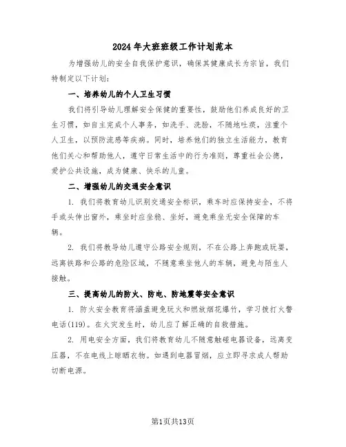2024年大班班级工作计划范本（六篇）