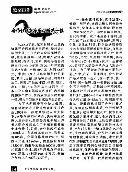合作社成就全国泥鳅第一镇