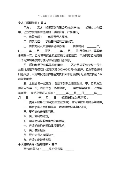个人借款合同（短期借款）（精选20篇）