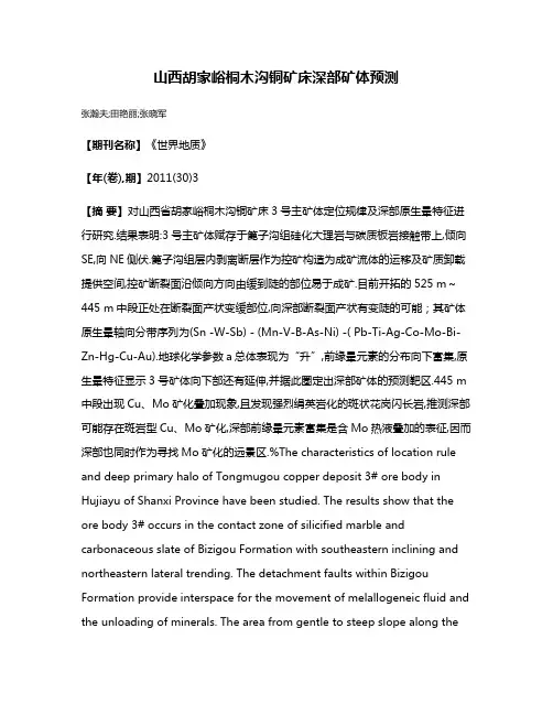 山西胡家峪桐木沟铜矿床深部矿体预测