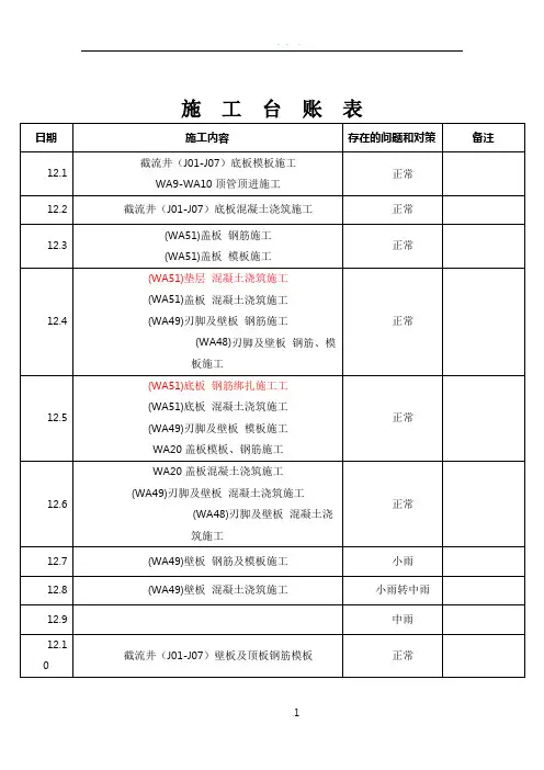 (12月份)施工进度台账表