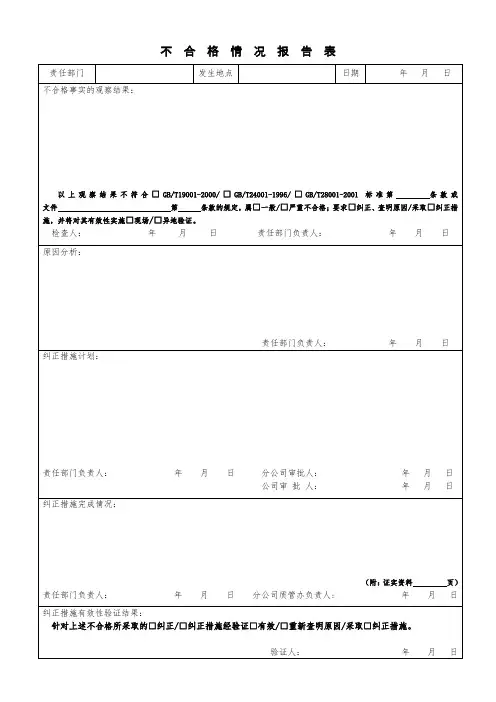 不合格情况报告表