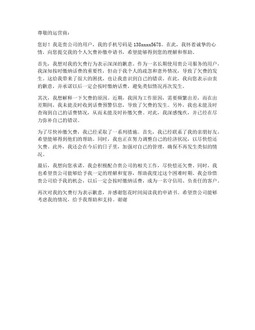 个人欠费补缴申请书