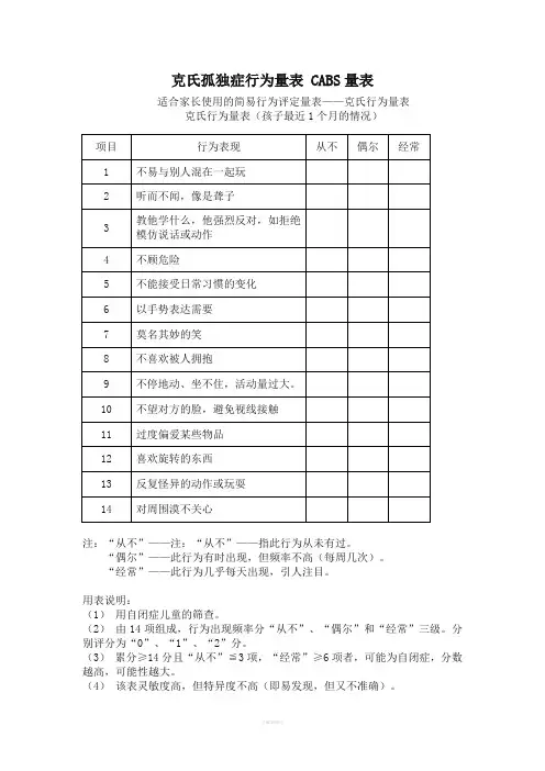 克氏孤独症行为量表-CABS量表