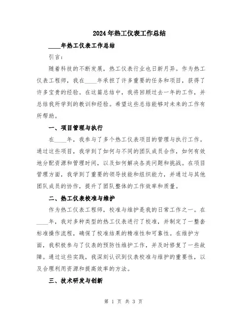 2024年热工仪表工作总结