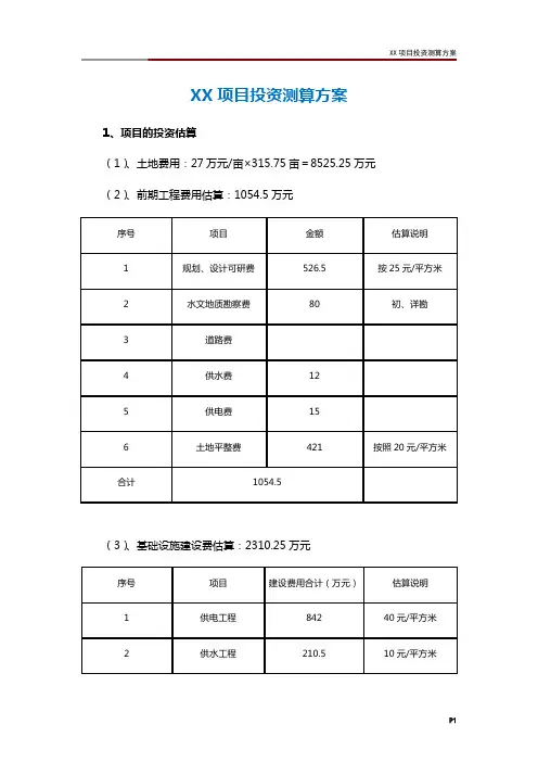 XX项目投资测算方案