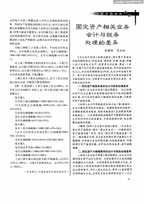固定资产相关业务会计与税务处理的差异